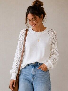 SHEIN | White Ribbed Collar Tee, Size M